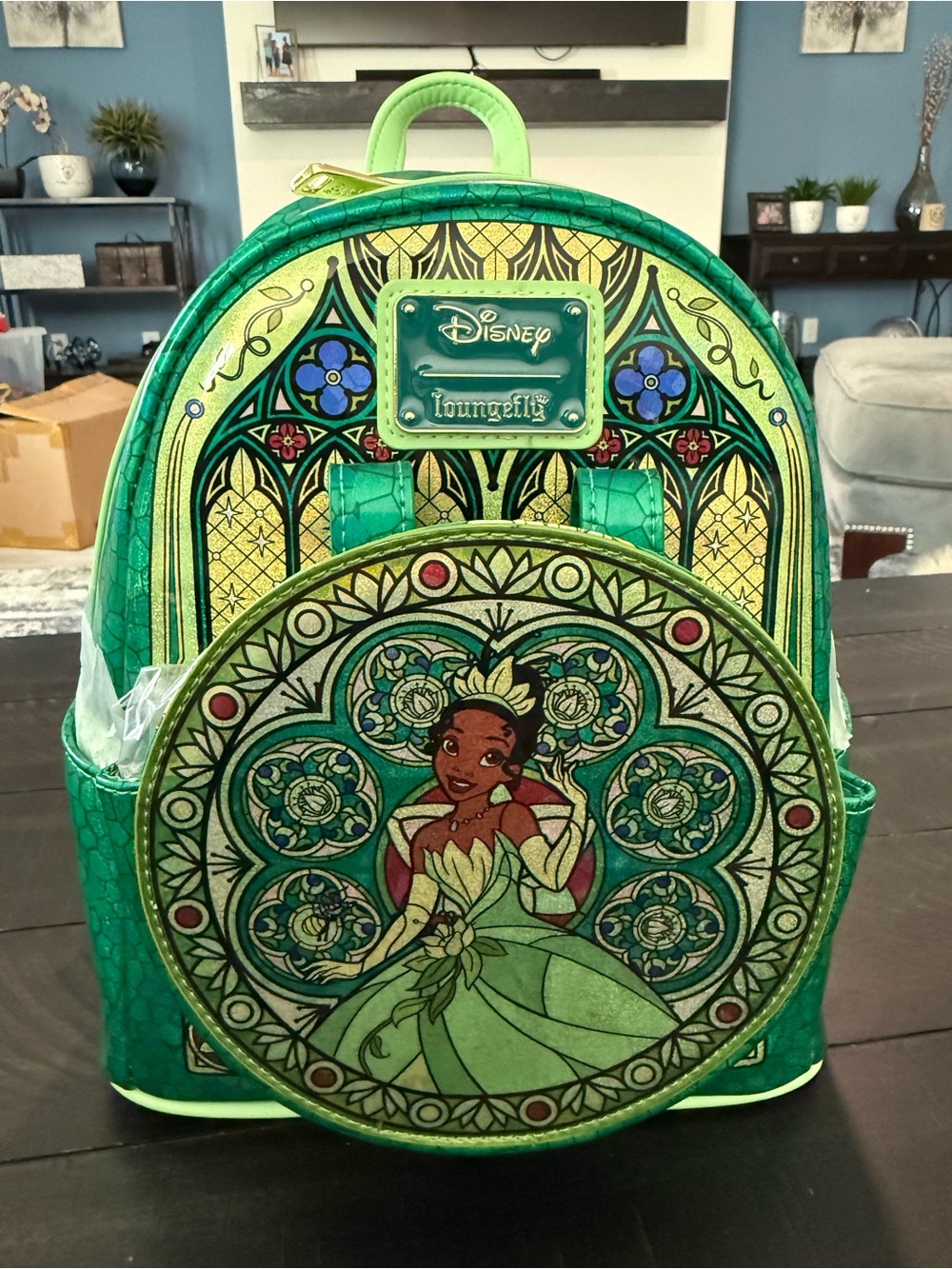 NWT Disney Green & Gold Tiana Stained Glass Loungefly Mini Backpack